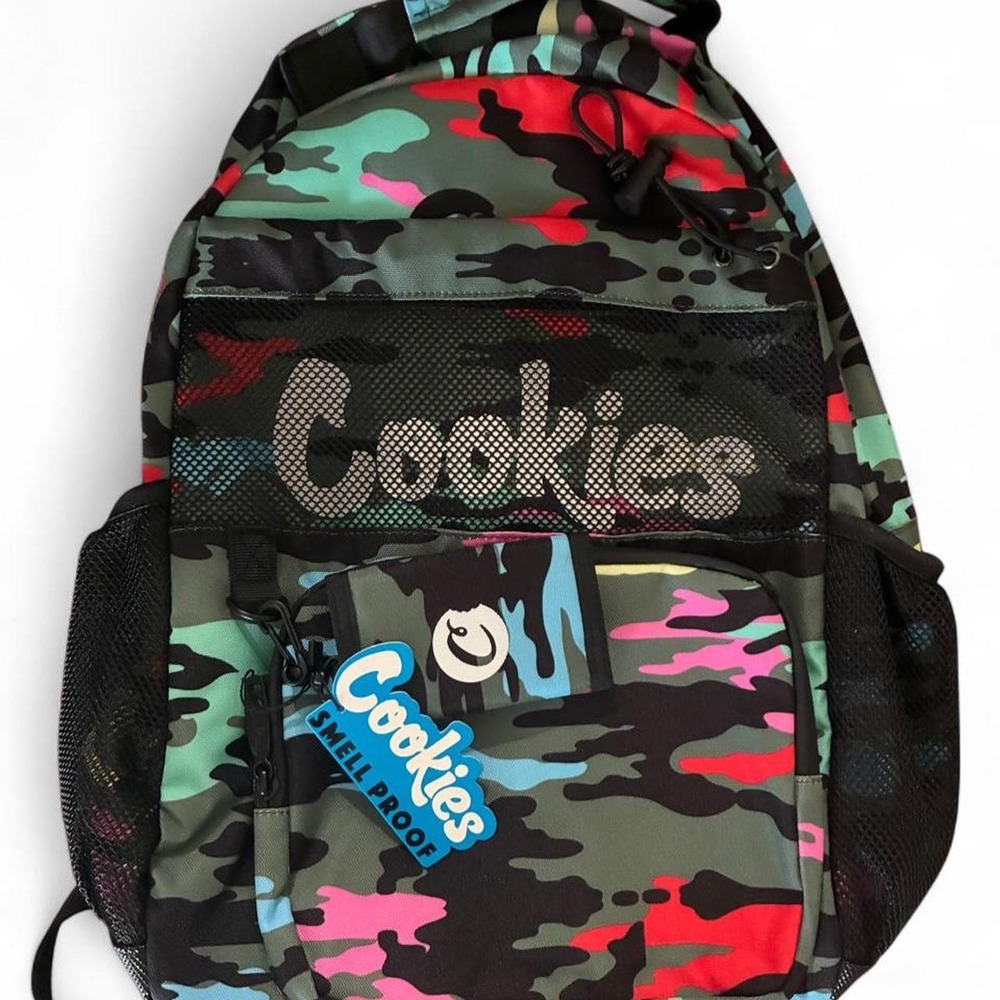 NWT Cookies SF multi-colored camouflage backpack with pink, red, and blue.